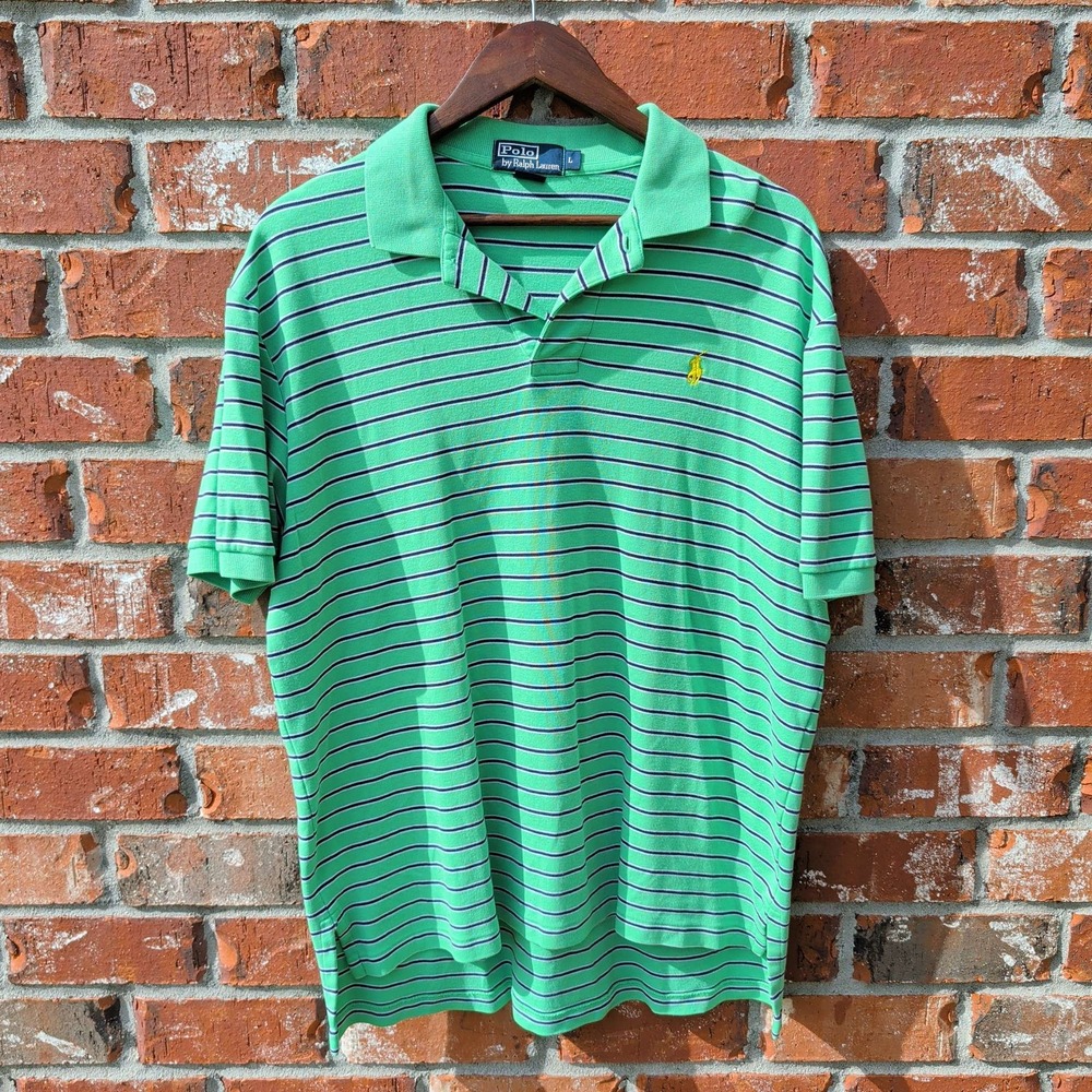 Polo Ralph Lauren Polo Shirt Mens Large Green Striped Short Sleeve Pony Logo